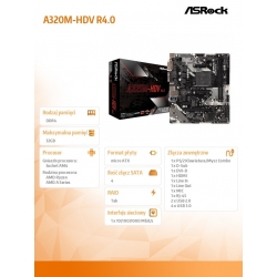 ASRock Płyta główna A320M-HDV R4.0 AM4 2DDR4 DSUB/DVI/HDMI/m.2 mATX